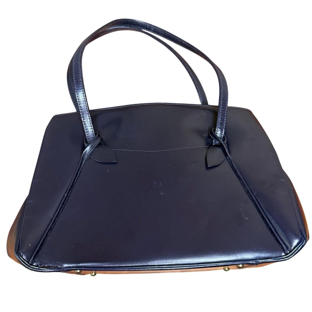 Vintage Navy faux Patent Leather Handbag coin purse clasp scuff‎ in photo